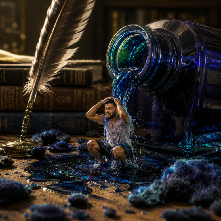 photograph captures a whimsical scene on a writer's desk
