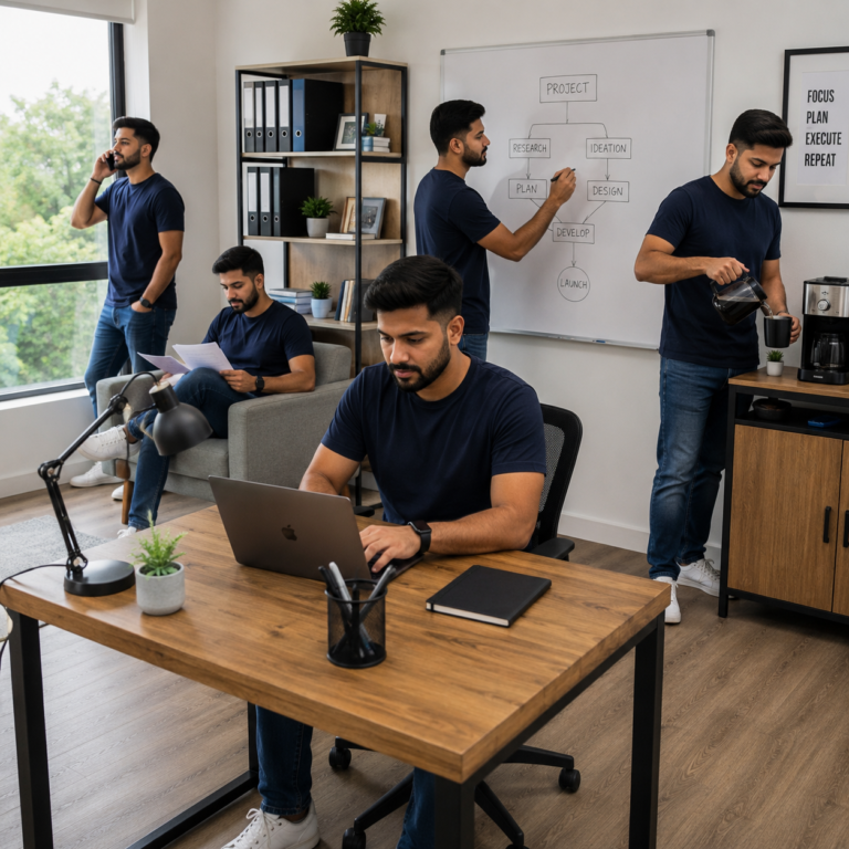 cloned five times inside a bright, modern home office.