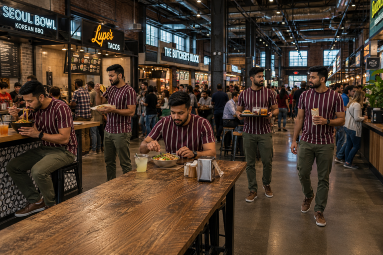 Cloned five times, vibrant industrial-chic food hall