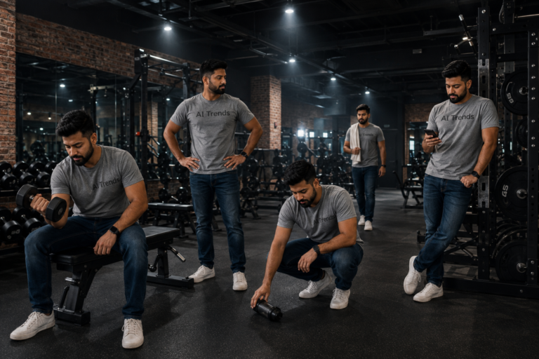 cloned five times inside a modern, industrial-style gym