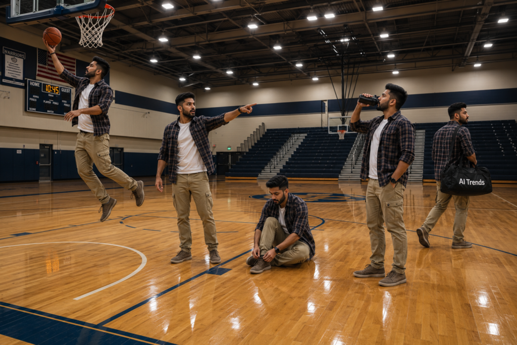 Cloned five times on a polished, brightly lit indoor basketball court.