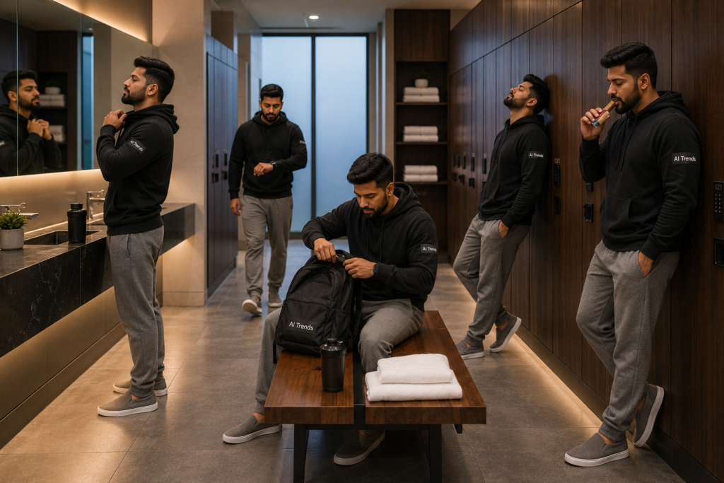 Cloned five times inside a luxurious, sleek gym locker room.