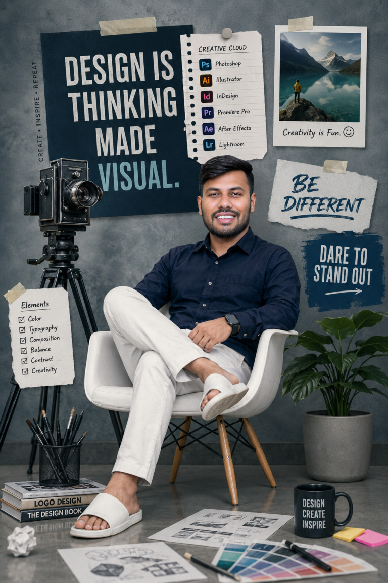 Sitting on a white chair with his legs crossed